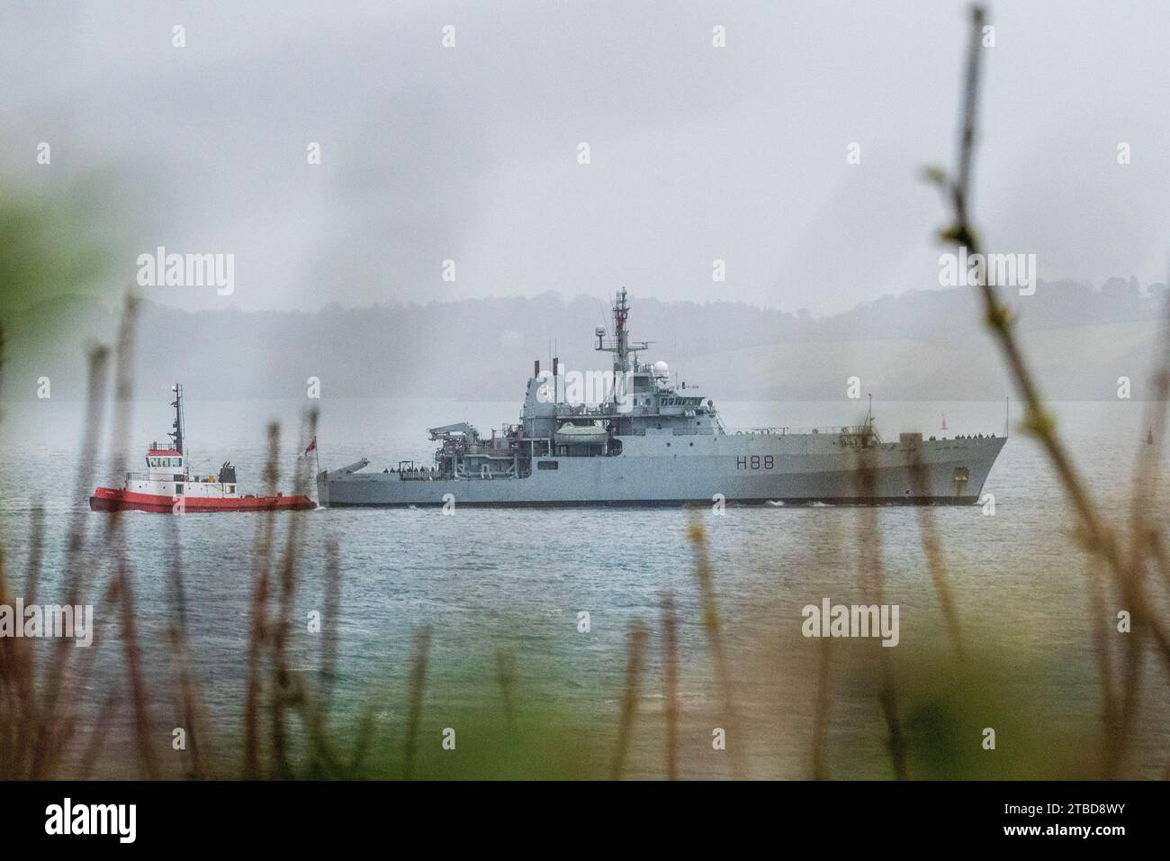 HMS Enterprise sails for the final time leaving Falmouth before being decommissioned in Portsmouth. Stock Photo