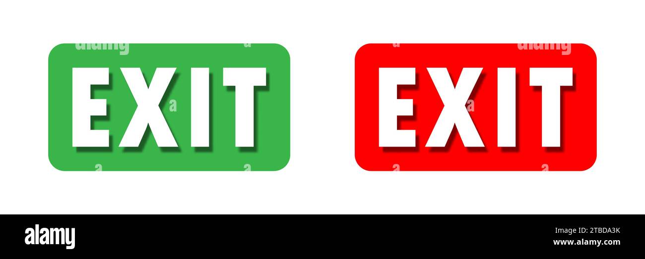 Green and red exit signs with text. Flat vector illustration Stock