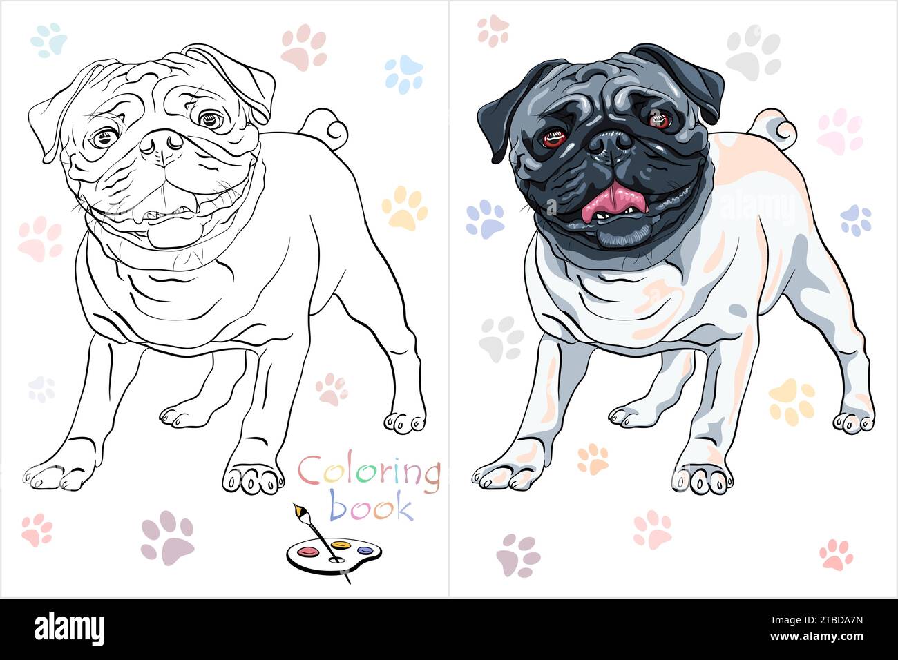 Vector Coloring Book page 5 cute dog pug breed Stock Vector Image & Art