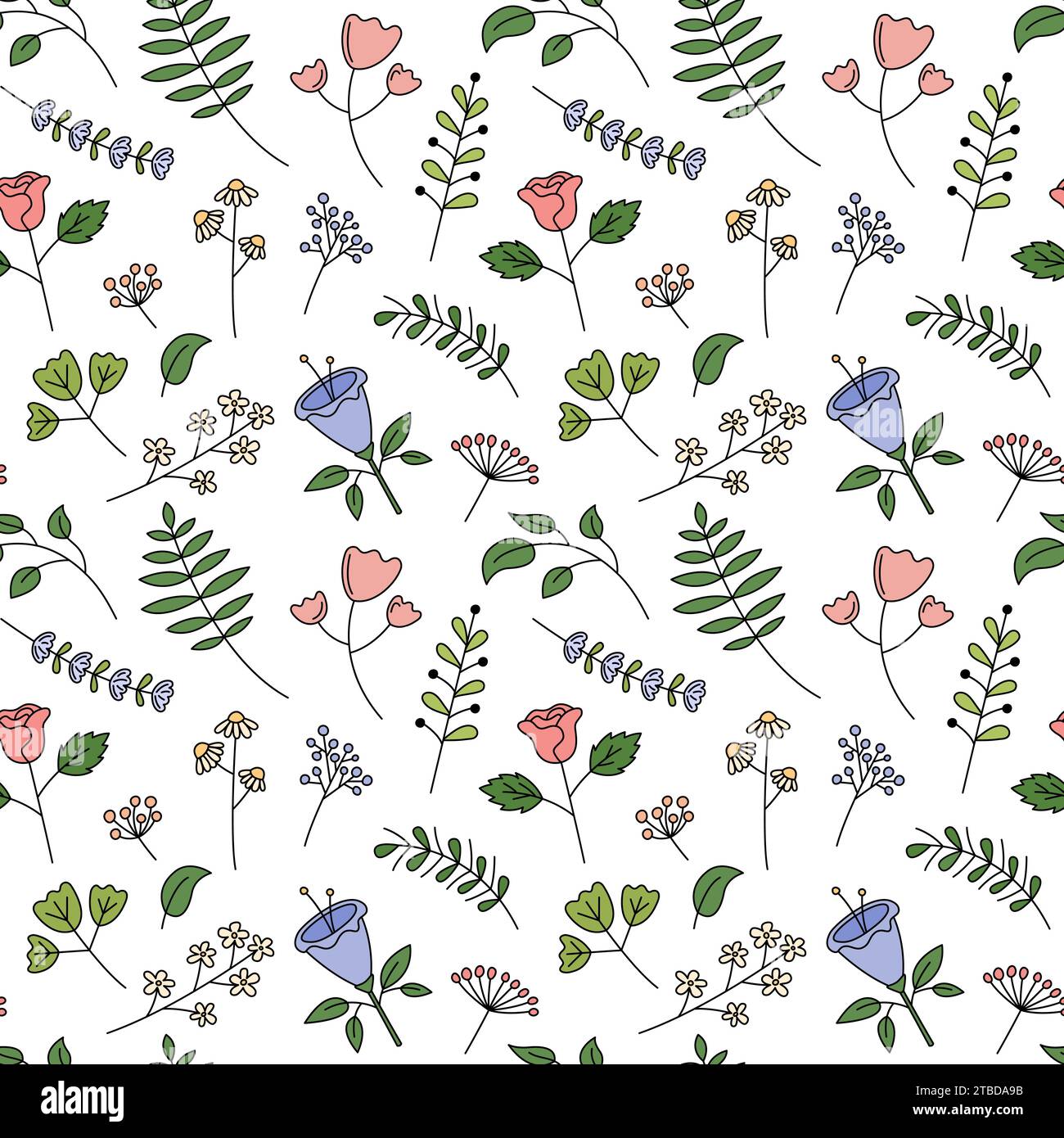 Floral seamless pattern. White vector background with cute hand drawn ...