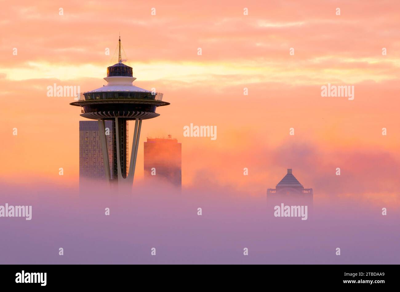 WA24639-00....WASHINGTON - Seattle Space Needle and city skyline from Kerry Park at sunrise on a fogy morning. Stock Photo