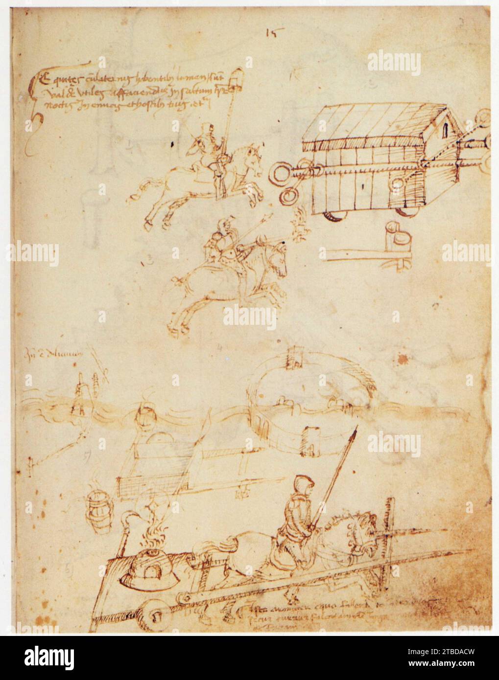 Mariano di Jacopo dit Taccola.1382-1453.Char d'assaut de nuit équipé de lances et d'une lanterne. Stock Photo