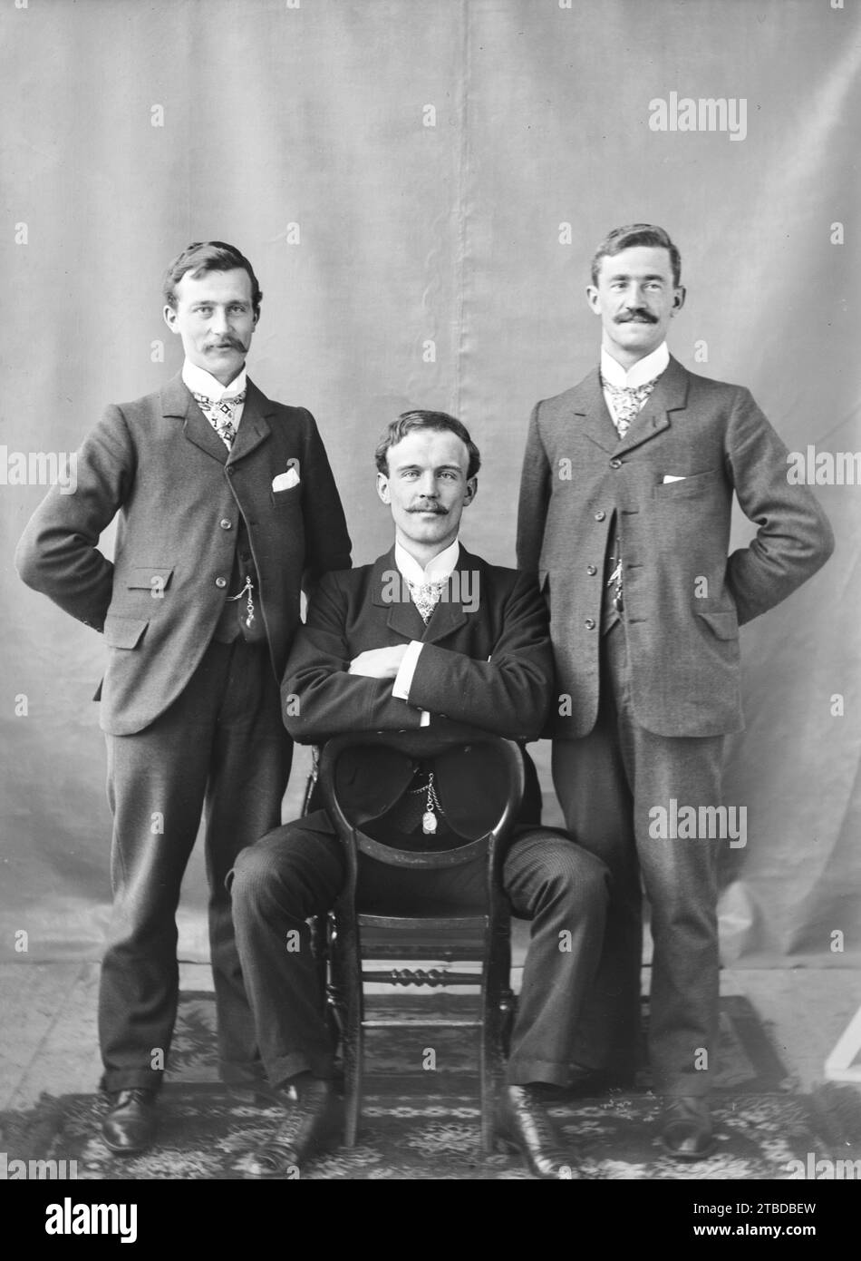 Edwardian formal studio portrait of three men in suits, one sitting and two standing. Cravats and stiff collars.  Taken from a vintage glass plate negative.  C1900 – 1910 Stock Photo
