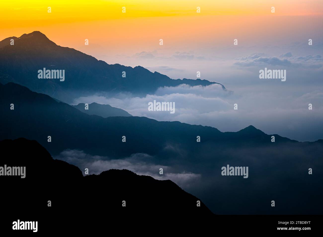 Sunrise from Jabal Aswad (The Black Mountain), Saudi Arabia. Stock Photo