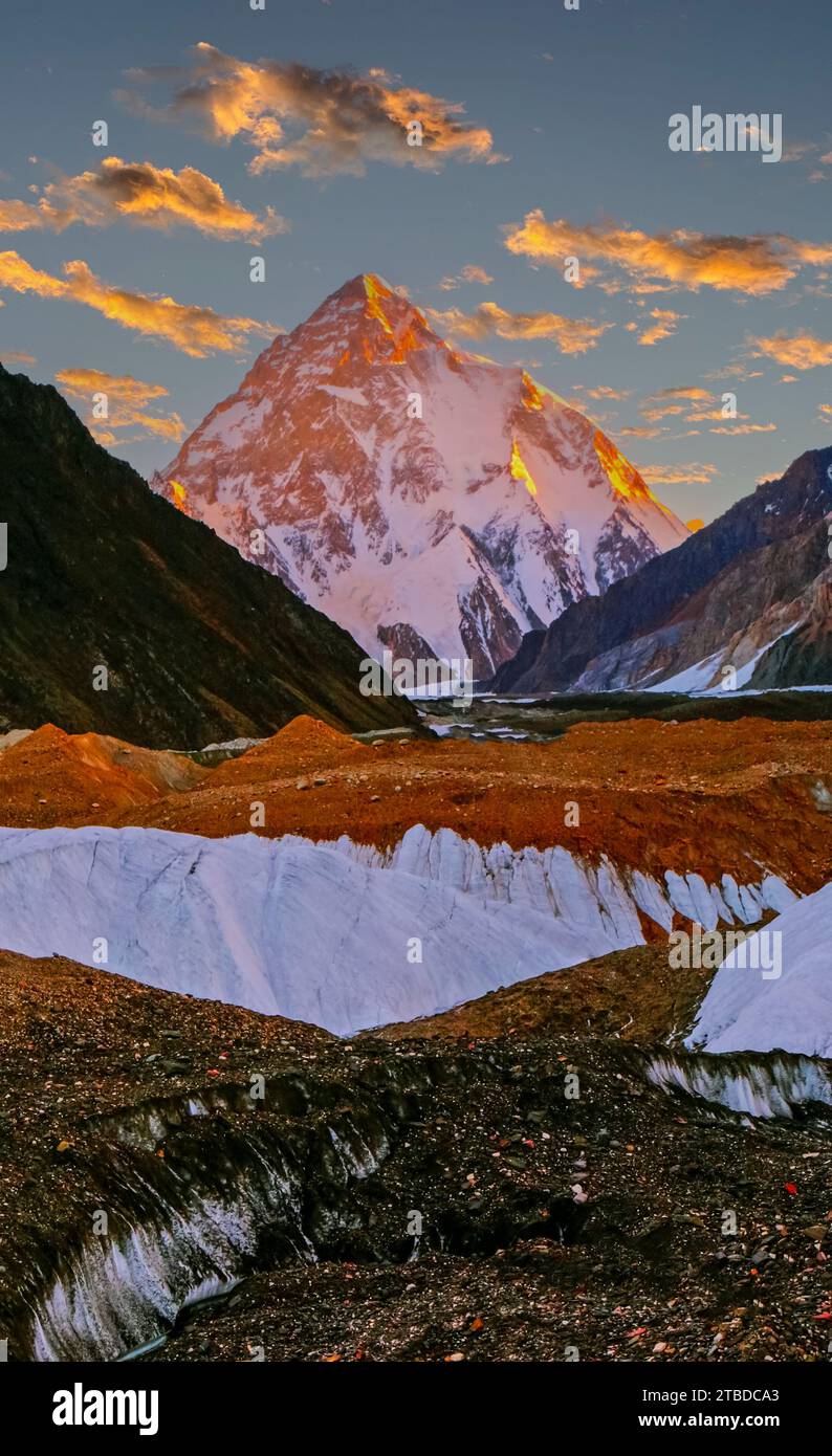 Beauty of the K2 summit, 8,611 m above sea level, the second highest mountain on the earth during sunset Stock Photo