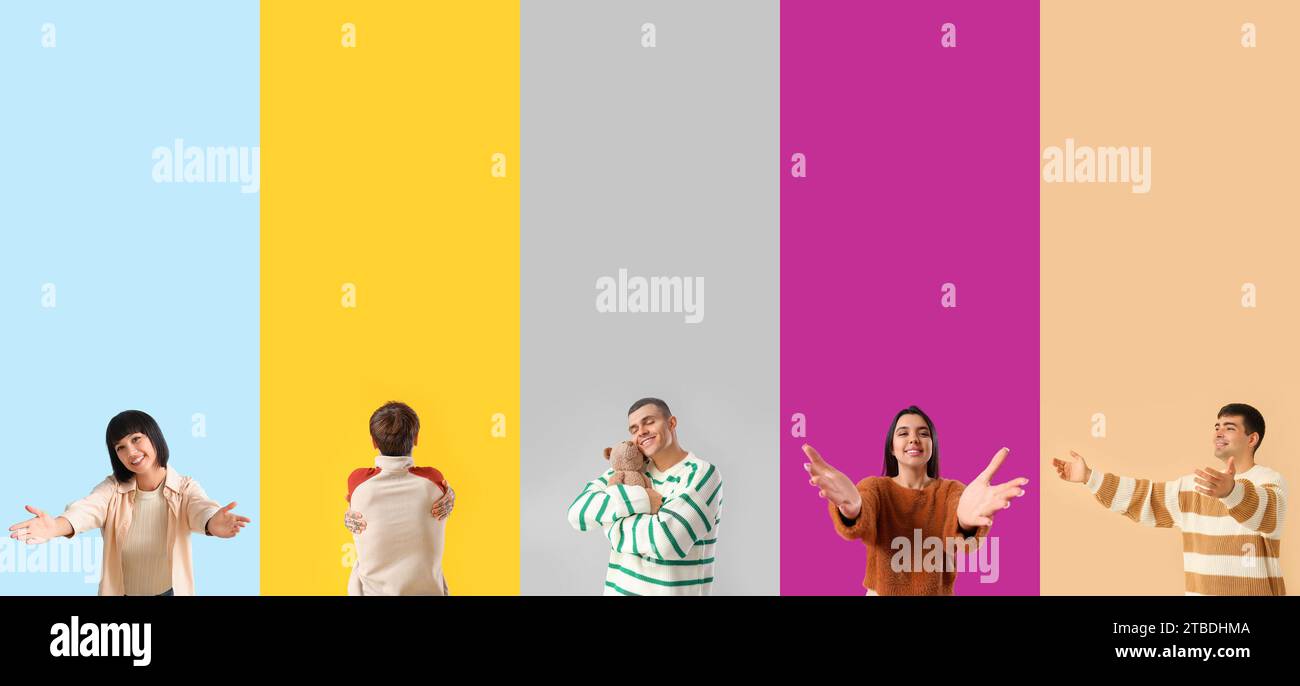 Group of hugging people on color background Stock Photo - Alamy