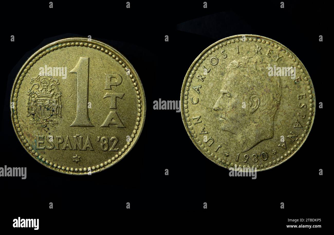 A closeup of Spanish peseta, Juan Carlos I on a dark background Stock Photo