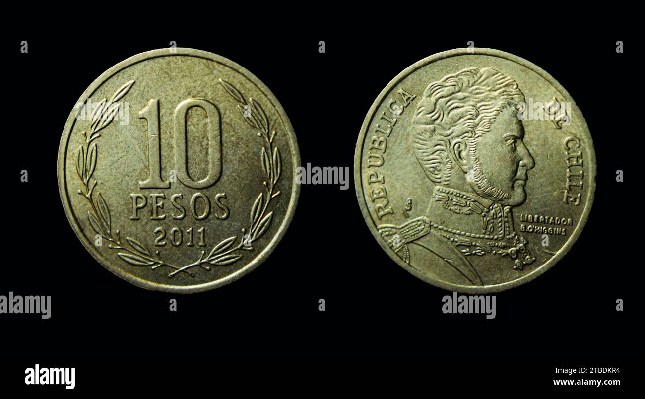 A closeup of Chilean 10 pesos, Bernardo O'Higgins on a dark background Stock Photo