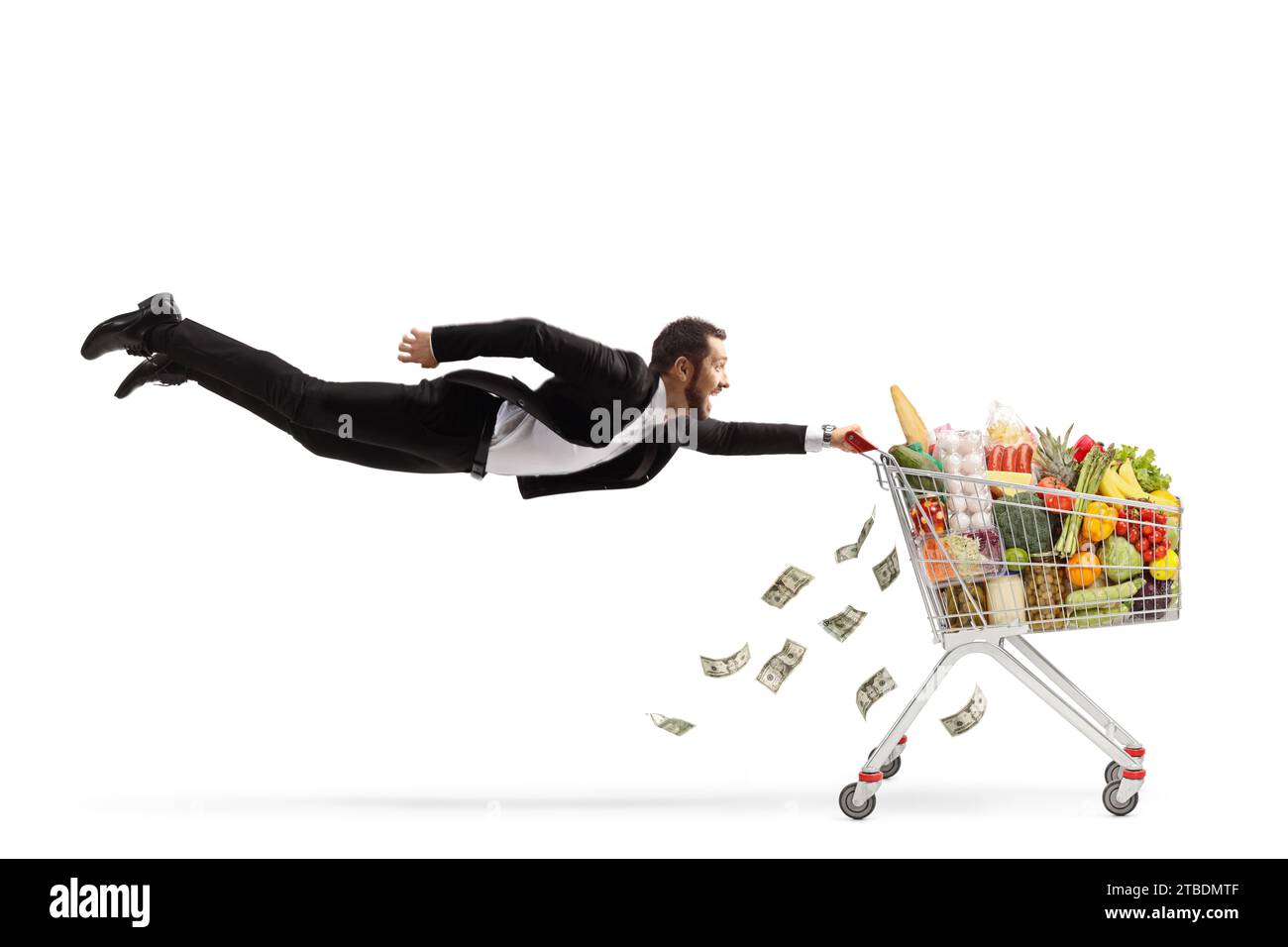 Businessman flying with a shopping cart and losing money, expensive
