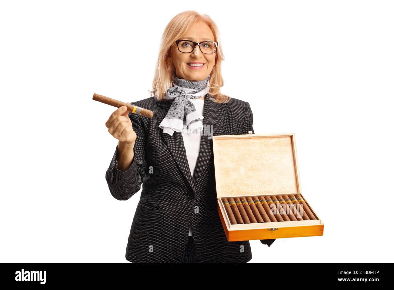 Elegant middle aged woman presenting cuban cigars isolated on white background Stock Photo