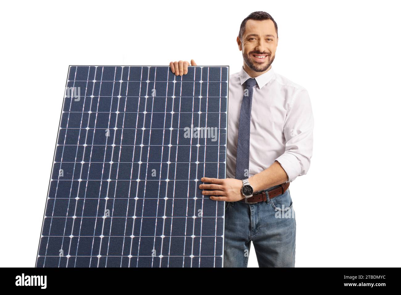 Professional man behind a solar panel isolated on white background Stock Photo