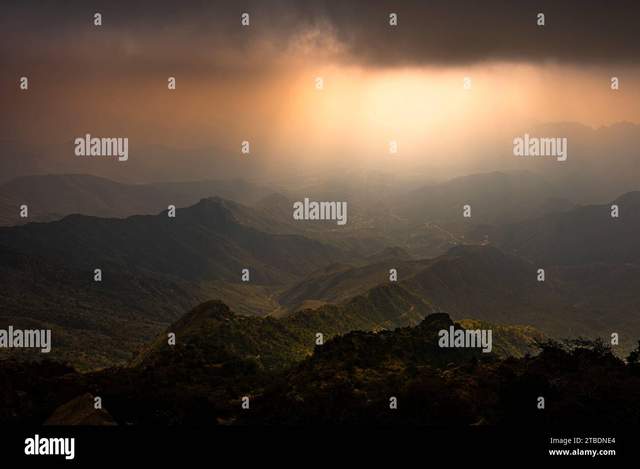 Dramatic and picturesque mountain landscape. Sunset from Jabal Mareer. The Sarawat Mountains, Saudi Arabia. Stock Photo