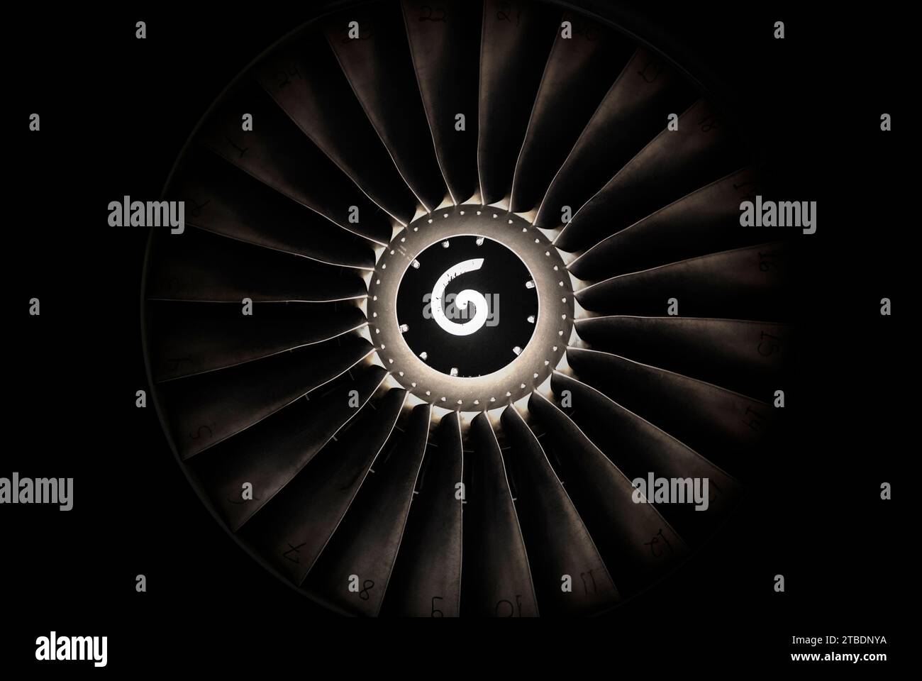 Airplane Jet engine. Turbine fan blade Leap isolated in black