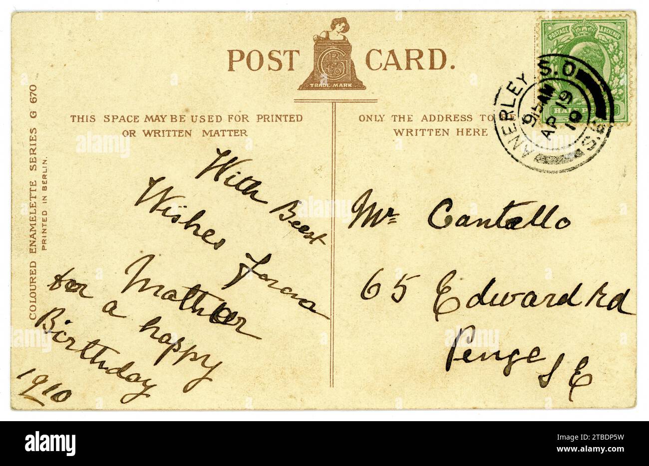Reverse of original Edwardian era postcard, (green half penny King Edward VII stamp) dated / posted 19 April 1910, London, U.K. Stock Photo