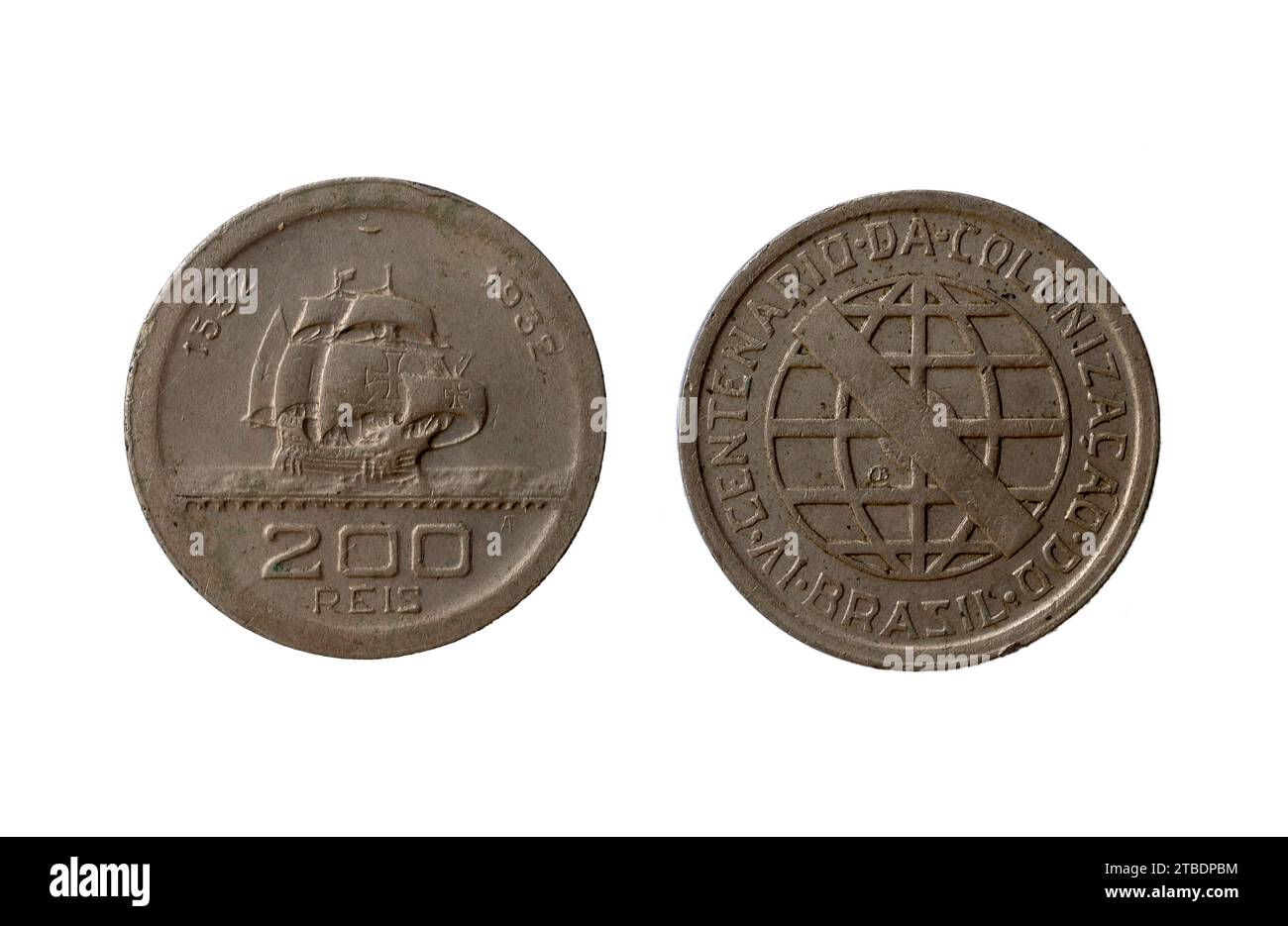 Brazilian 200 réis coin from 1932 made of copper and nickel. IV Centenary of the Colonization of Brazil. 1532 to 1932. Vincentian series. Stock Photo