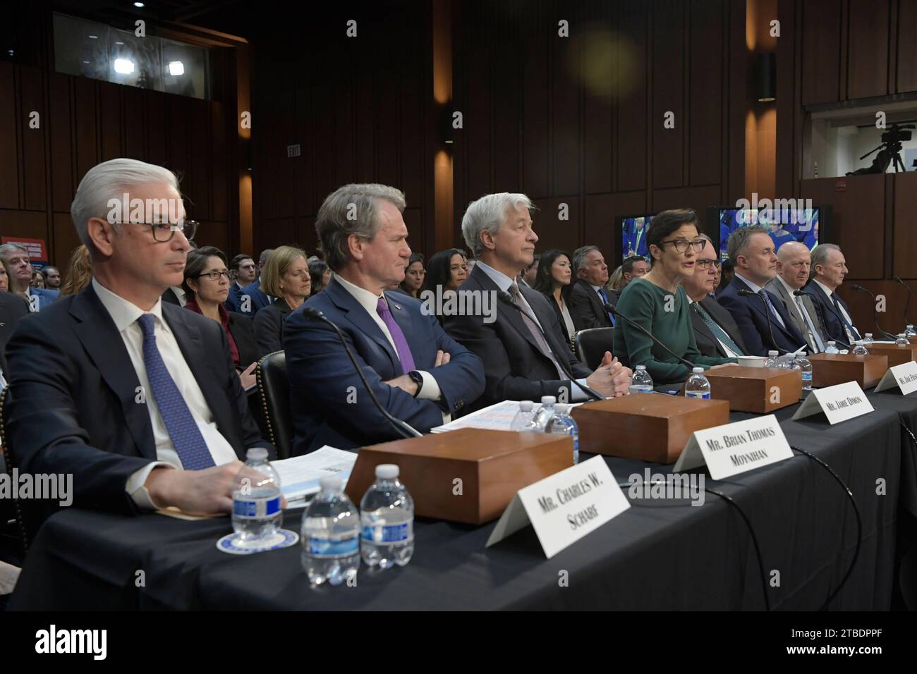 US CEO'S Banking(L-R) Mr. Charles W. Scharf, CEO And President, Wells Fargo & Company; Mr. Brian Thomas Moynihan, Chairman And CEO, Bank of America; Mr. Jamie Dimon, Chairman And CEO, JPMorgan Chase & Co.; Ms. Jane Fraser, CEO, Citigroup; Mr. Ronald O'Hanley, CEO, State Street; Mr. Robin Vince, CEO, BNY Mellon; Mr. David Solomon, CEO, Goldman Sachs; Mr. James P. Gorman, CEO, Morgan Stanley testify before Senate Banking, Housing, and Urban Affairs Committee about oversight to examine Wall Street firms during a hearing; today on December 06, 2023 at Senate Hart/Capitol Hill in Washington DC, USA Stock Photo