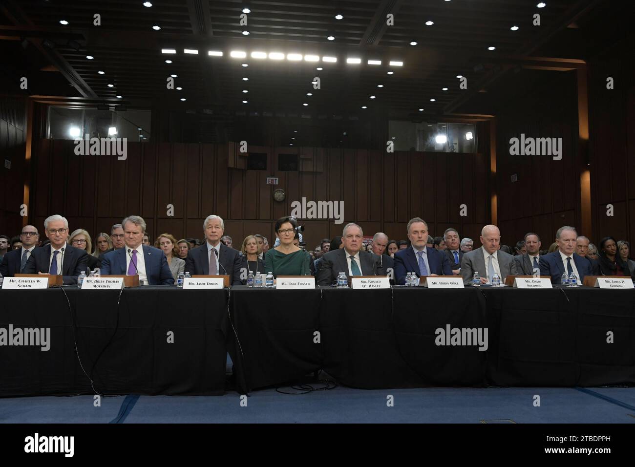 US CEO'S Banking(L-R) Mr. Charles W. Scharf, CEO And President, Wells Fargo & Company; Mr. Brian Thomas Moynihan, Chairman And CEO, Bank of America; Mr. Jamie Dimon, Chairman And CEO, JPMorgan Chase & Co.; Ms. Jane Fraser, CEO, Citigroup; Mr. Ronald O'Hanley, CEO, State Street; Mr. Robin Vince, CEO, BNY Mellon; Mr. David Solomon, CEO, Goldman Sachs; Mr. James P. Gorman, CEO, Morgan Stanley testify before Senate Banking, Housing, and Urban Affairs Committee about oversight to examine Wall Street firms during a hearing; today on December 06, 2023 at Senate Hart/Capitol Hill in Washington DC, USA Stock Photo