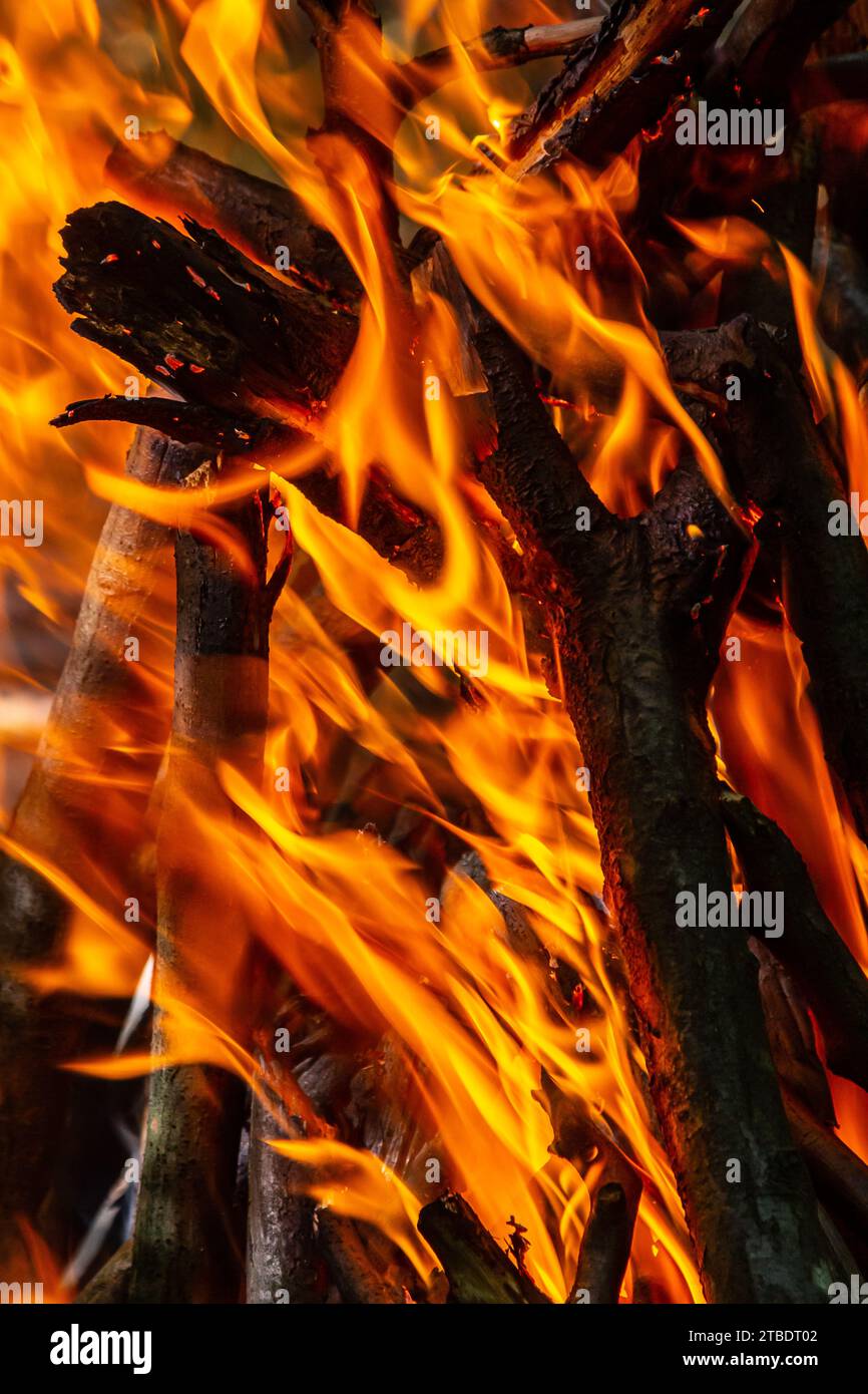 Flame of charcoal fire. Hearth for cooking and heating. Danger in