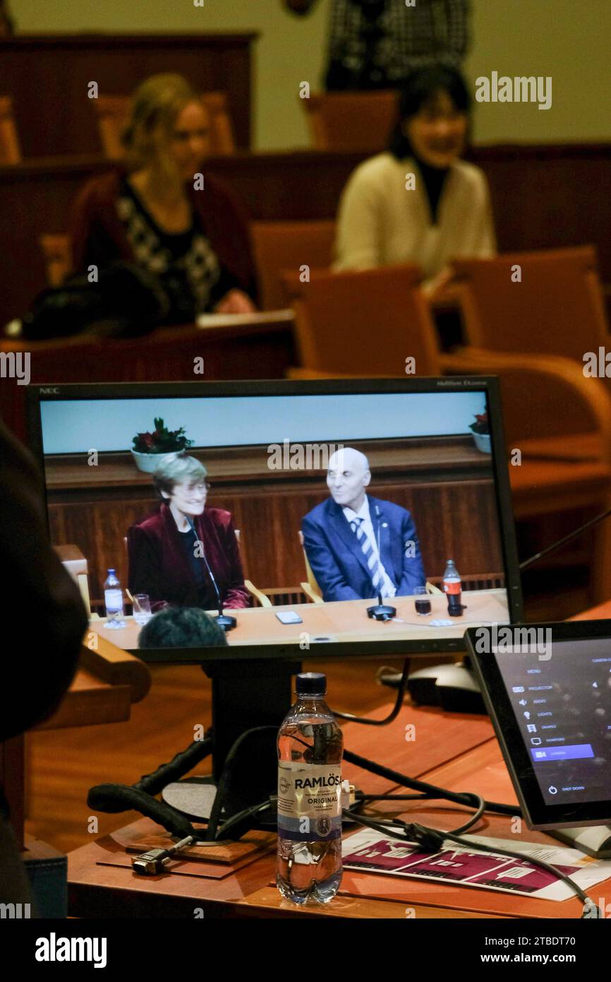 Karolinska Institute in Sweden. December 6, 2023: Winners of the 2023 Nobel Prize for Physiology and Medicine, KATALIN KARIKO and DREW WEISSMAN, at a press conference at the Nobel Forum at the Karolinska Institute in Sweden. The two were awarded the Nobel Prize for their discoveries about how RNA interacts with the immune system. Their work made possible development of the Covid-19 vaccine. Credit: ZUMA Press, Inc./Alamy Live News Stock Photo