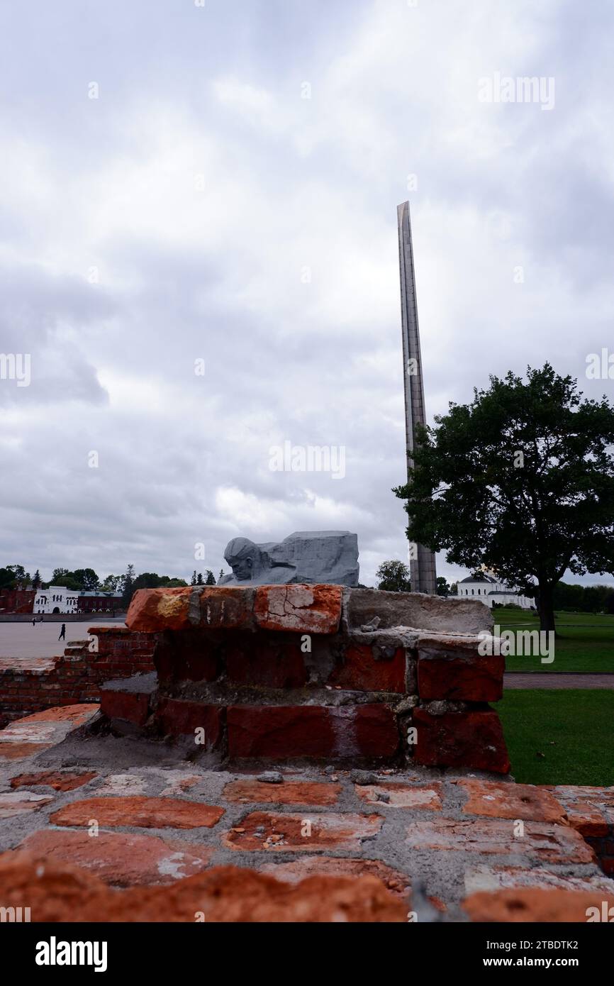 Obelisk of the Brest Fortress. No lens distortion correction. Brest, Belarus - October 4, 2023: Stock Photo