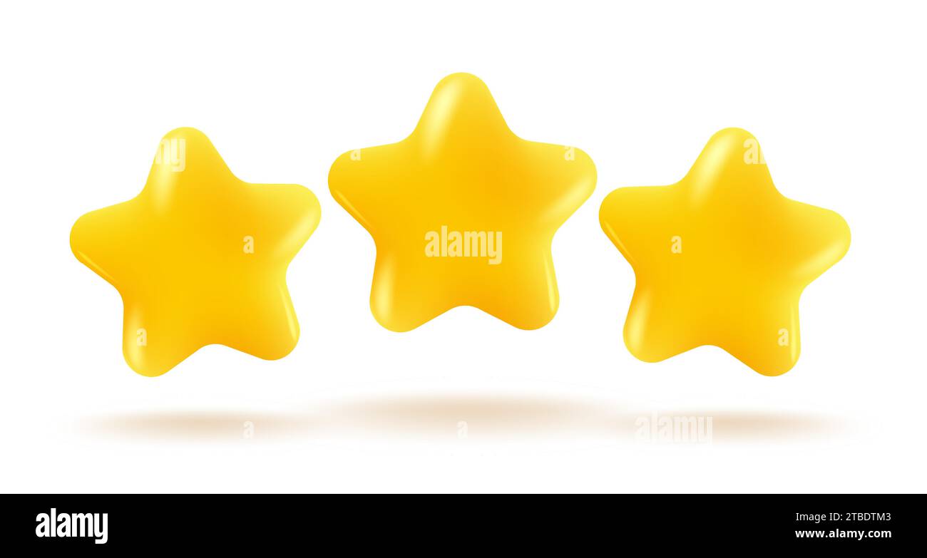Vector icons of three yellow stars on white background. Achievements for games or customer rating feedback of website. Vector illustration of stars in Stock Vector