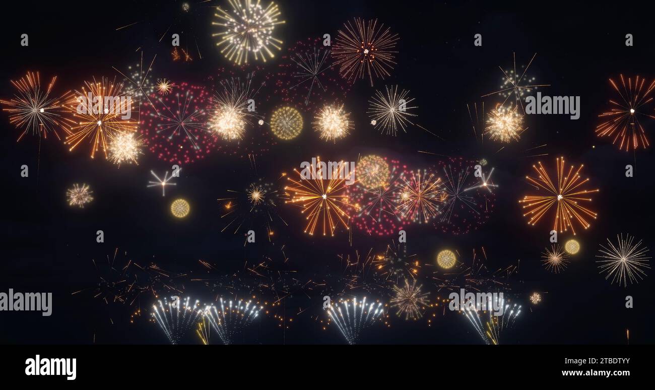 Brightly colorful fireworks for New Years, Christmas, wedding and other events celebration on black Stock Photo