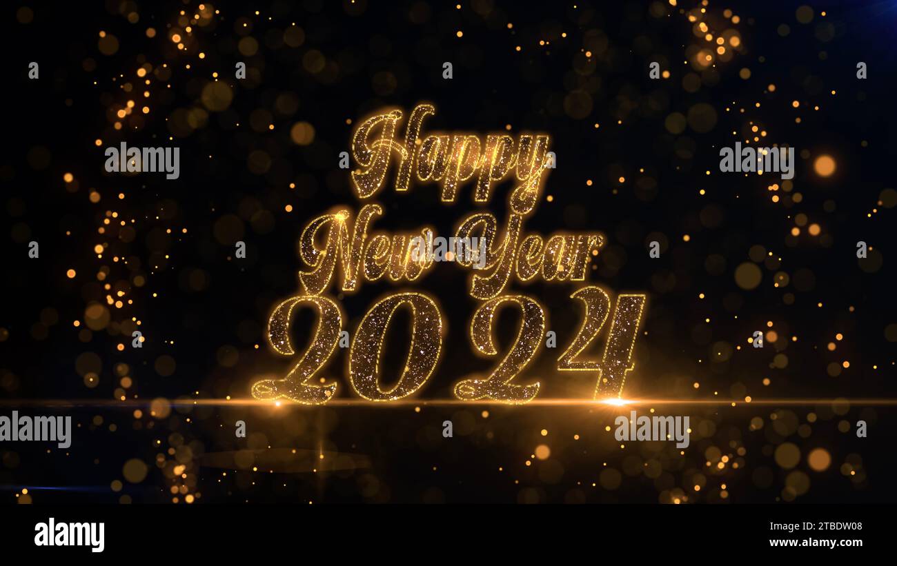 Happy New Year 2024 and particles of light on festive black background. Winter holidays concept Stock Photo