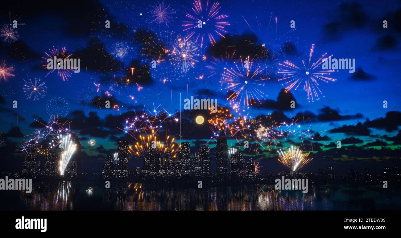 Brightly colorful fireworks in big city for New Years, Christmas, wedding and other events celebration on blue dark sky Stock Photo