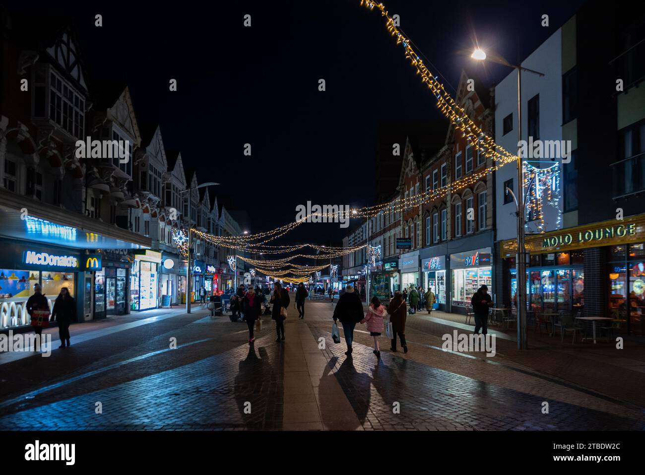 Southend on Sea High Street with Christmas lights. Shopping precinct