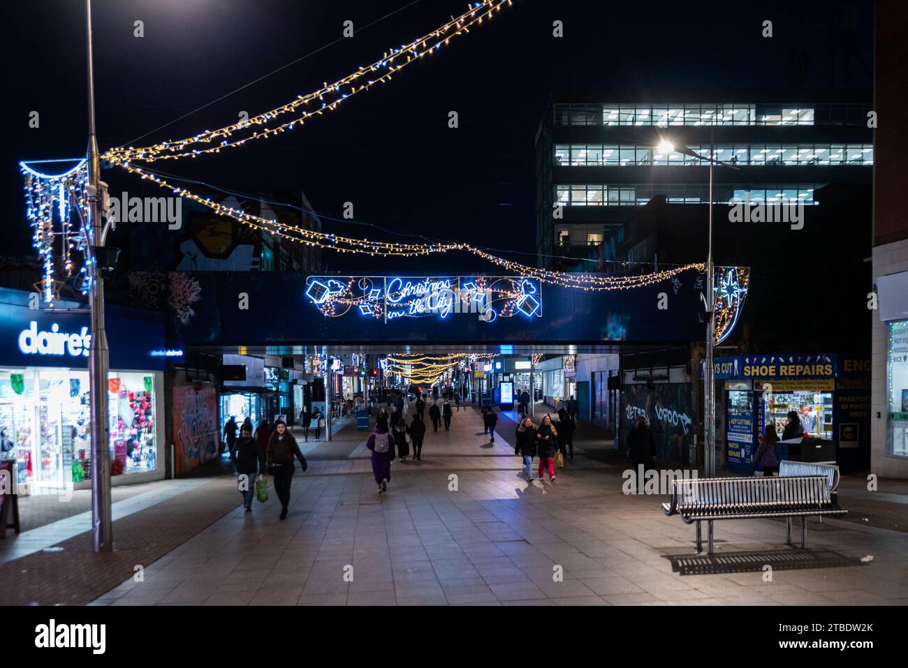 Southend on Sea High Street with Christmas lights. Shopping precinct