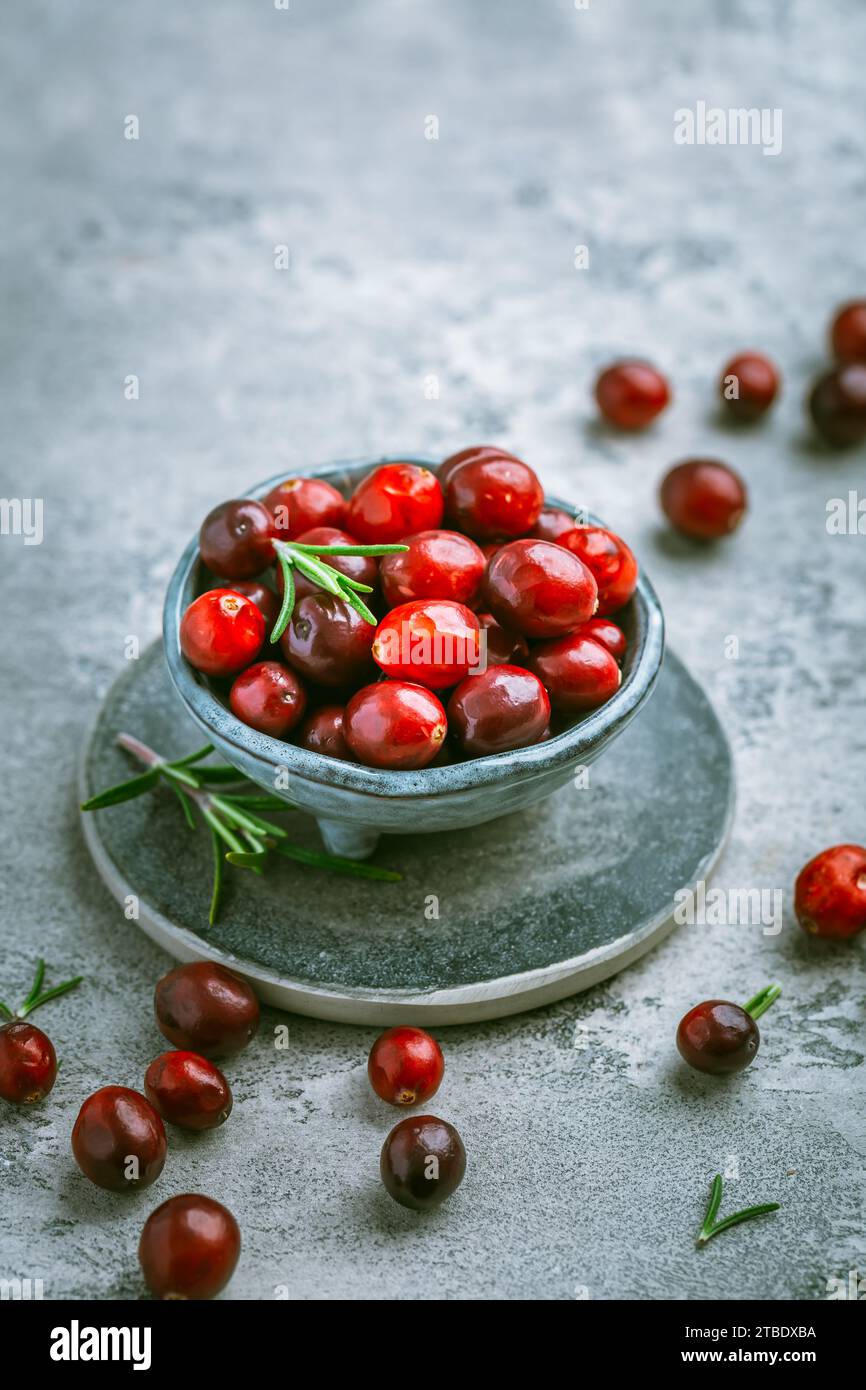 Organic Cranberries in a bowl on grey background Stock Photo