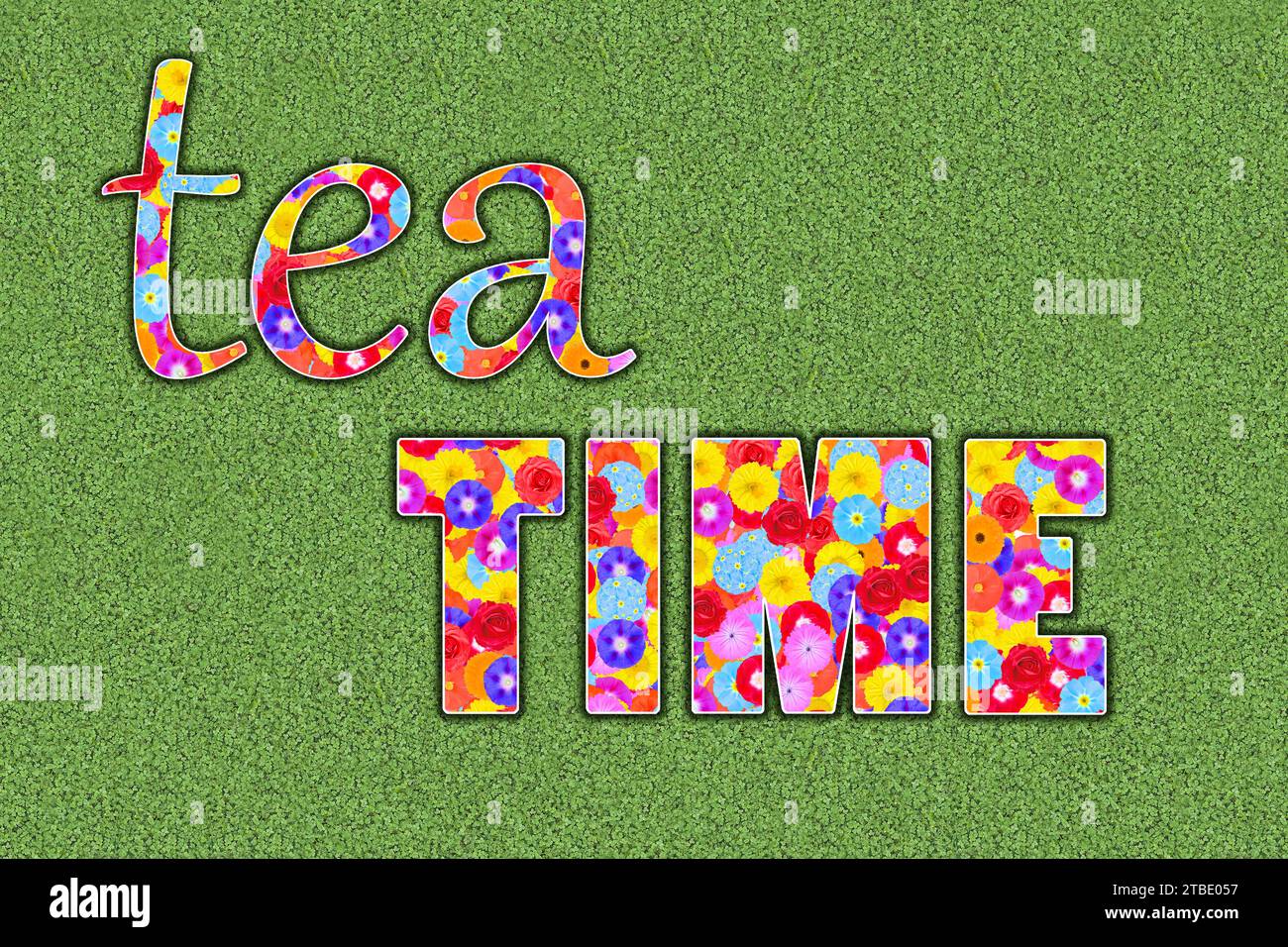 Tea Time in England, Great Britain, United Kingdom, Illustration, Graphic Design, Text, written, flowery Stock Photo