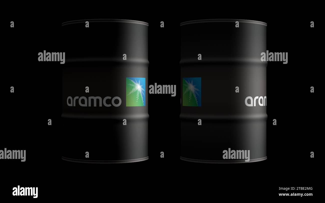 Poznan, Poland, December 6, 2023 Saudi Aramco Oil Company barrels in