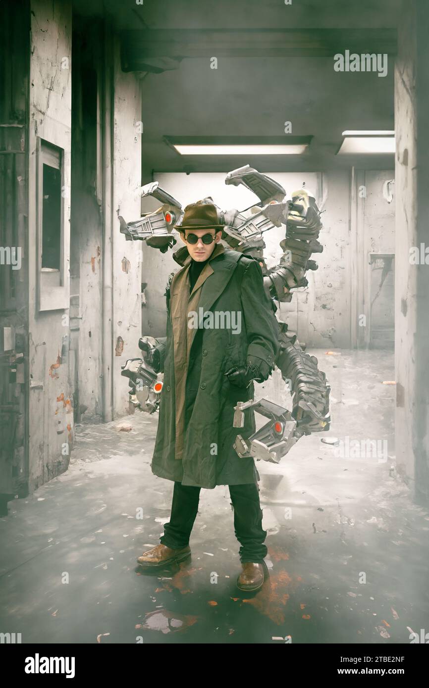 A portrait of a male cosplay dressed as Doc Ock or Doctor Otto Octavius an enemy of the Superhero Spiderman in a deserted warehouse Stock Photo