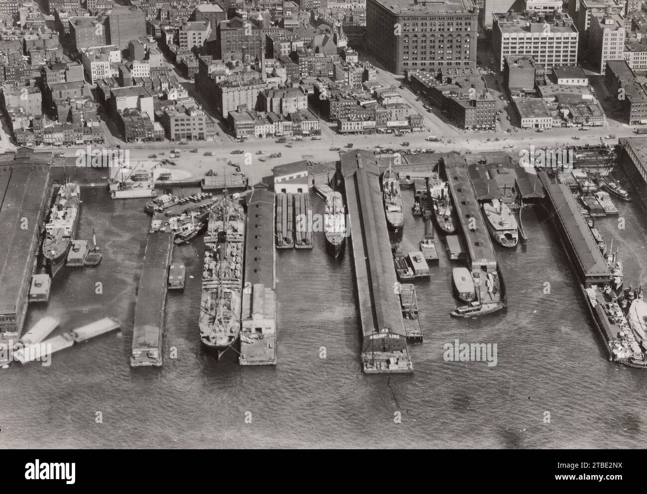 Aerial view of Docks and piers in New York City, circa 1940 Stock Photo