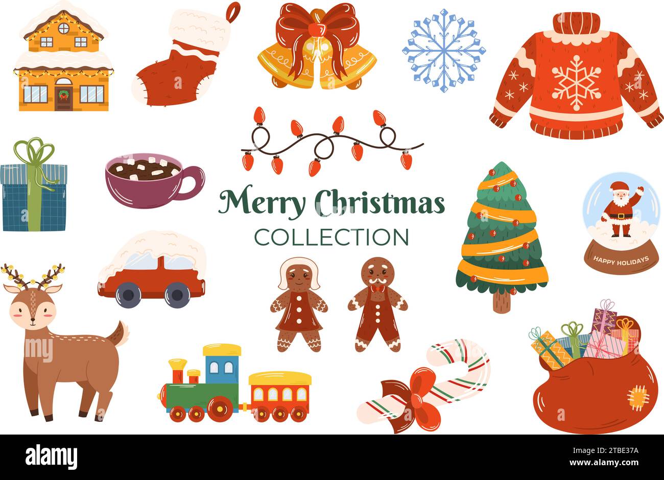 Christmas collection of different elements such a winter yellow house, bells with red bow, cocoa with marshmallow, car in snow, candy cane, deer, sweater and train toy. Stock Vector