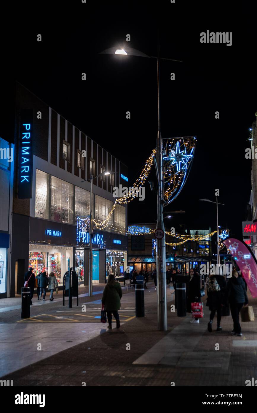 Southend on Sea High Street with Christmas lights. Shopping precinct with large Primark store Stock Photo