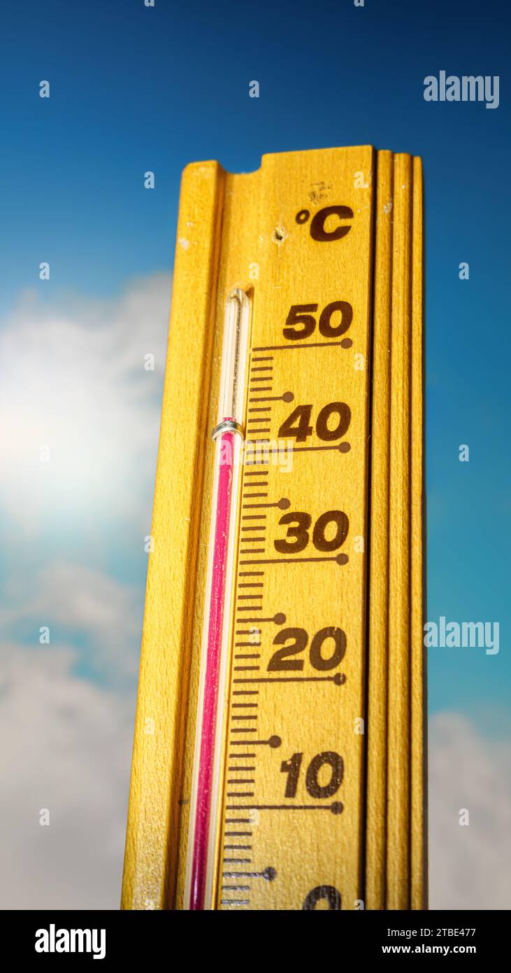 Hot summer day, the thermometer displays a high heatwave temperature of 43 degrees Celsius. Extreme weather, global climate change Stock Photo