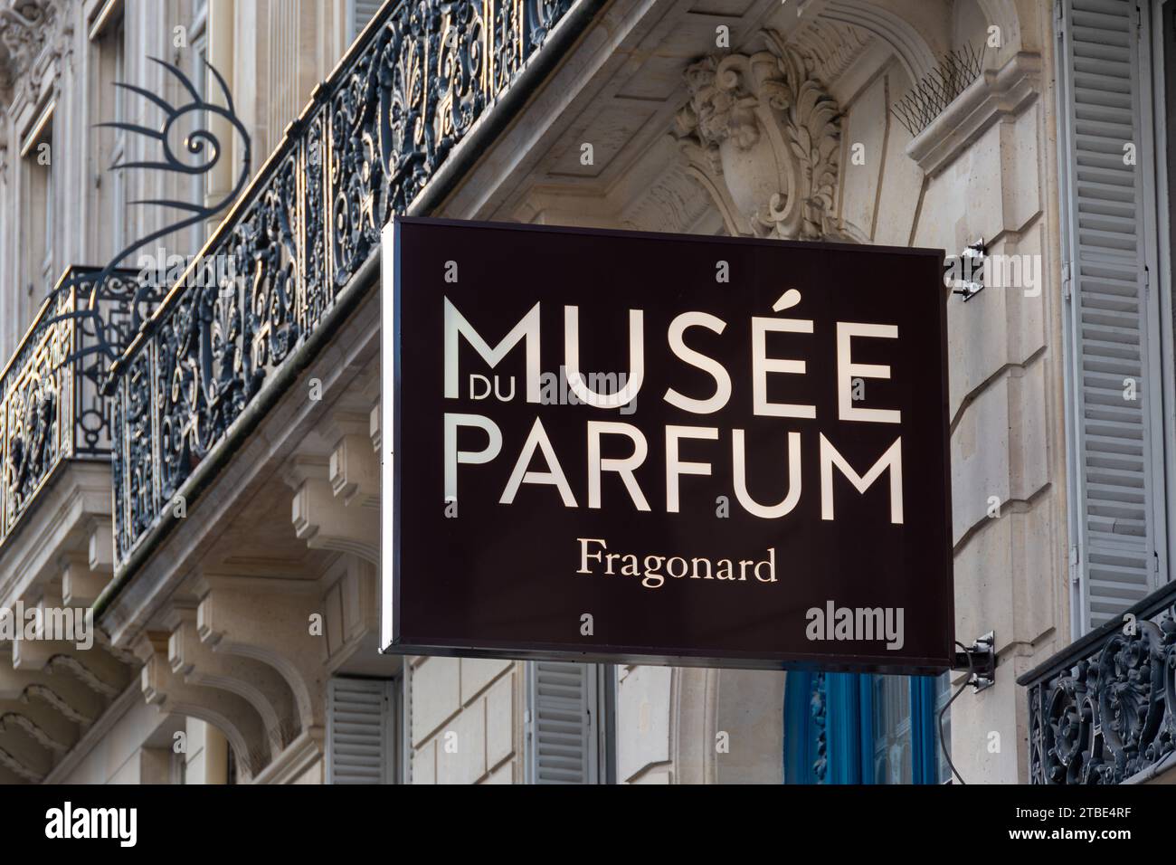 Sign of the Fragonard perfume museum, a museum dedicated to the history of perfume and created by the Fragonard perfumery in Paris, France Stock Photo