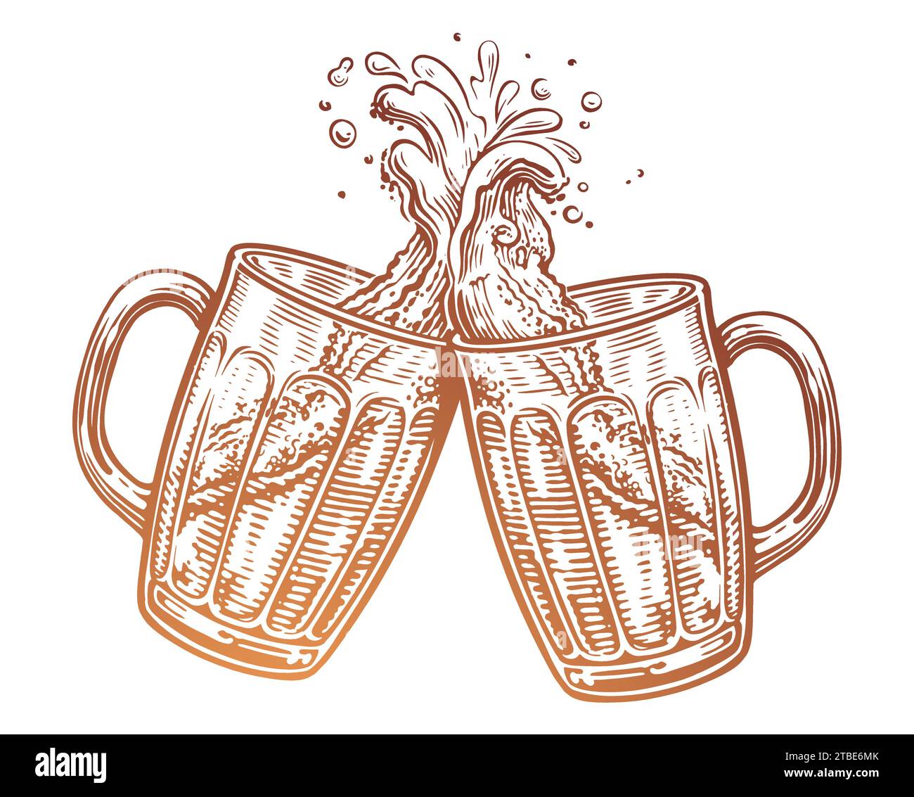 Two glass beer mugs, toast. The clink of glasses with an alcoholic drink, splashes of foam. Vector illustration Stock Vector