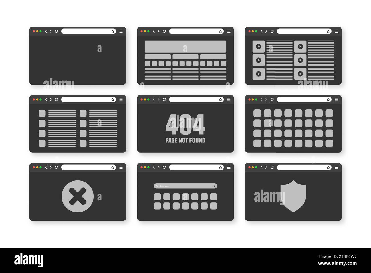 Web browser window, pages layout with toolbar and search field. Modern ...
