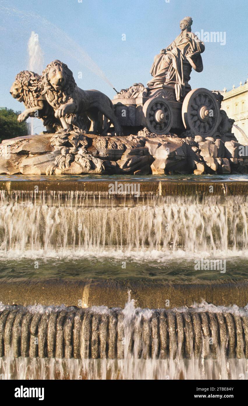 Cibeles Fountain on the Plaza de Cibeles and the Paseo de Castellana in Madrid Spain. Iconic landmark monument. 18th century. Stock Photo