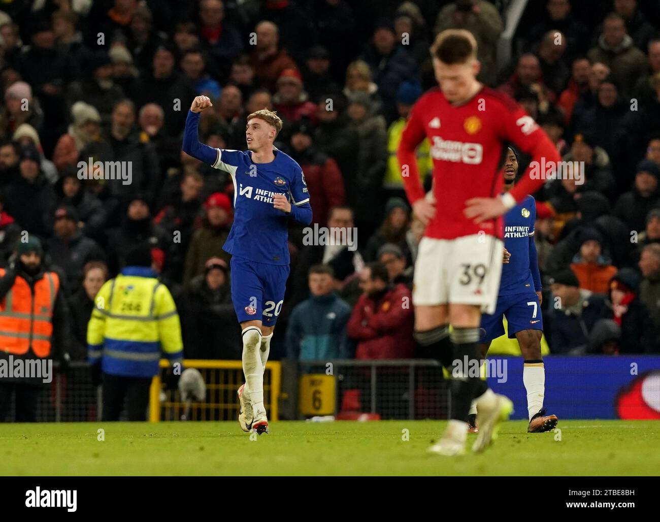 Chelsea's Cole Palmer celebrates scoring their side's first goal of the game during the Premier League match at Old Trafford, Manchester. Picture date: Wednesday December 6, 2023. Stock Photo