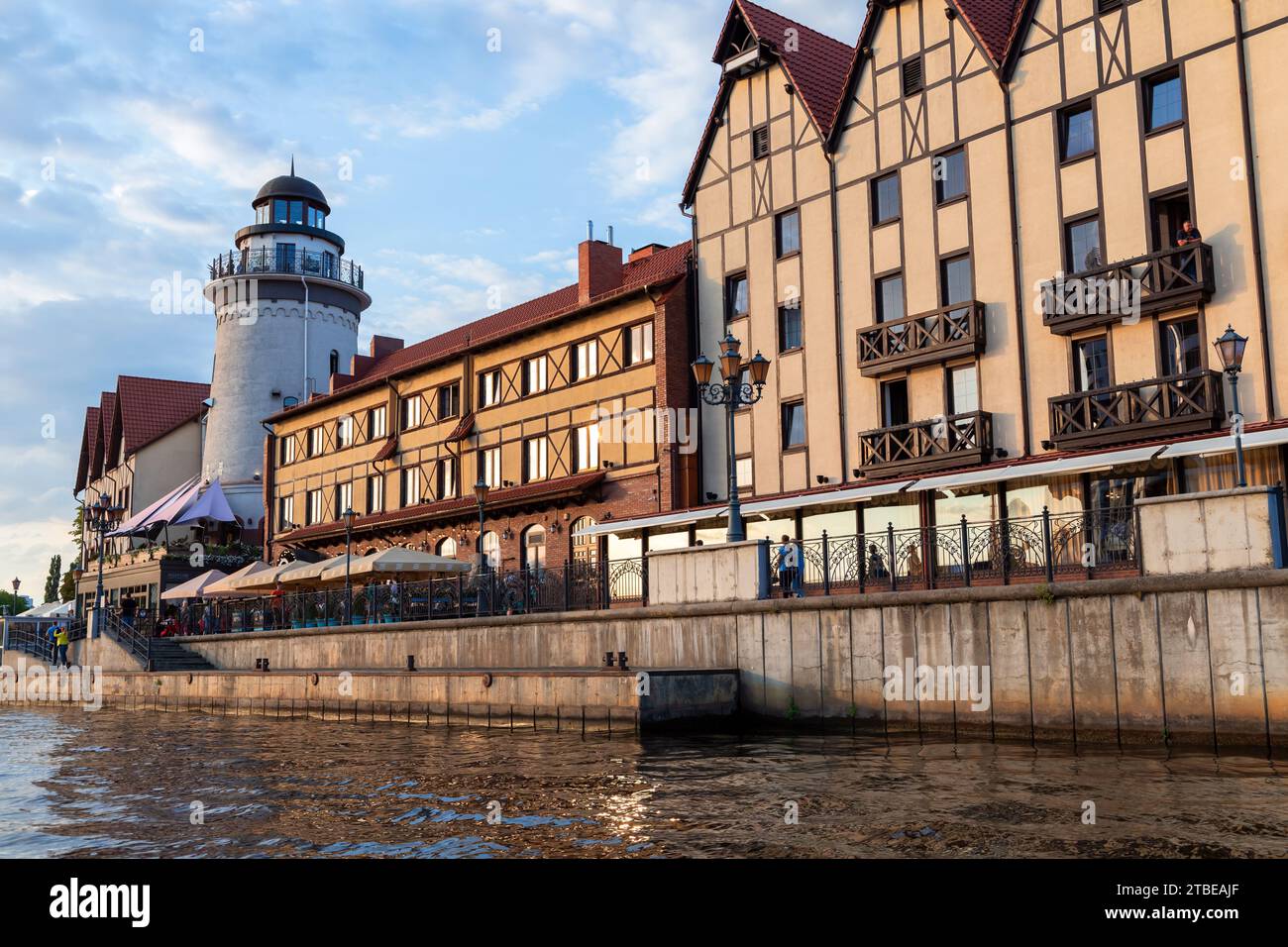 Kaliningrad, Russia - July 30, 2021: Fishing village. District of Kaliningrad city, coastal photo with lighthouse tower Stock Photo