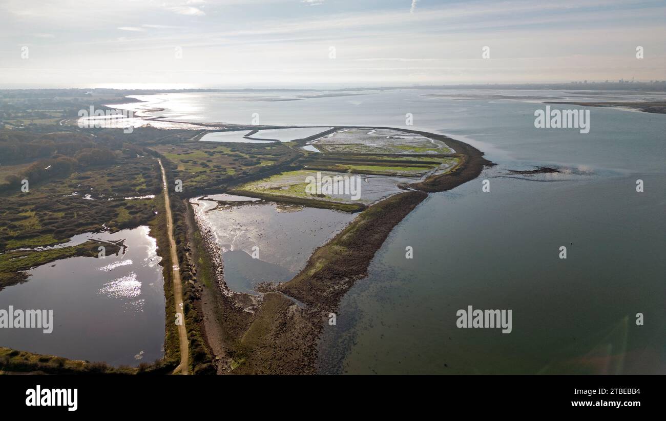Aerial picture showing old oyster beds at north of Hayling Island, Hampshire Stock Photo