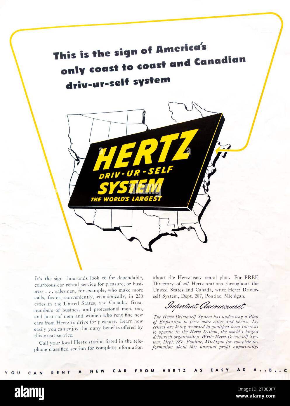1947 Hertz driv-ur-self system ad. Stock Photo