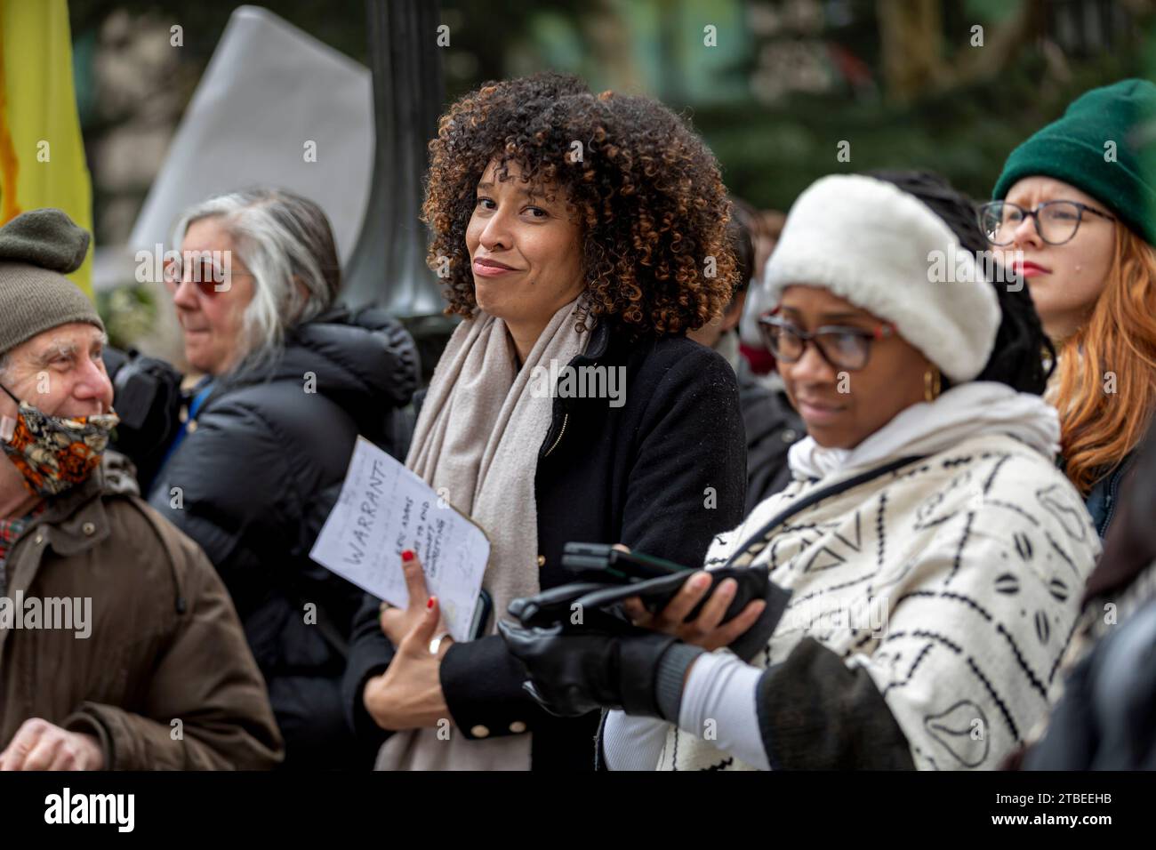 NEW YORK, NEW YORK - DECEMBER 6: NYC Council member and chairwoman of the Sanitation Committee, Sandy Nurse, joins dozens of city workers, community organizations, and activists at a rally in front of City Hall protesting Mayor Eric Adam's pending budget cuts that would slash service of at least four community composting programs on December 6, 2023 in New York City. If the cuts go forward, 198 out of 266 food-scrap drop-off sites, including those at the city's green markets, will close, and over 100 workers will lose their jobs. (Photo by Michael Nigro/Sipa USA) Stock Photo