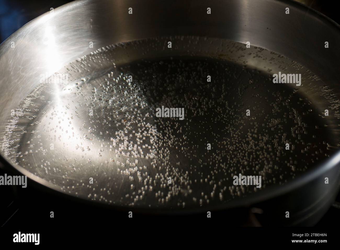 Wide stainless steel pot with water about to begin boiling Stock Photo
