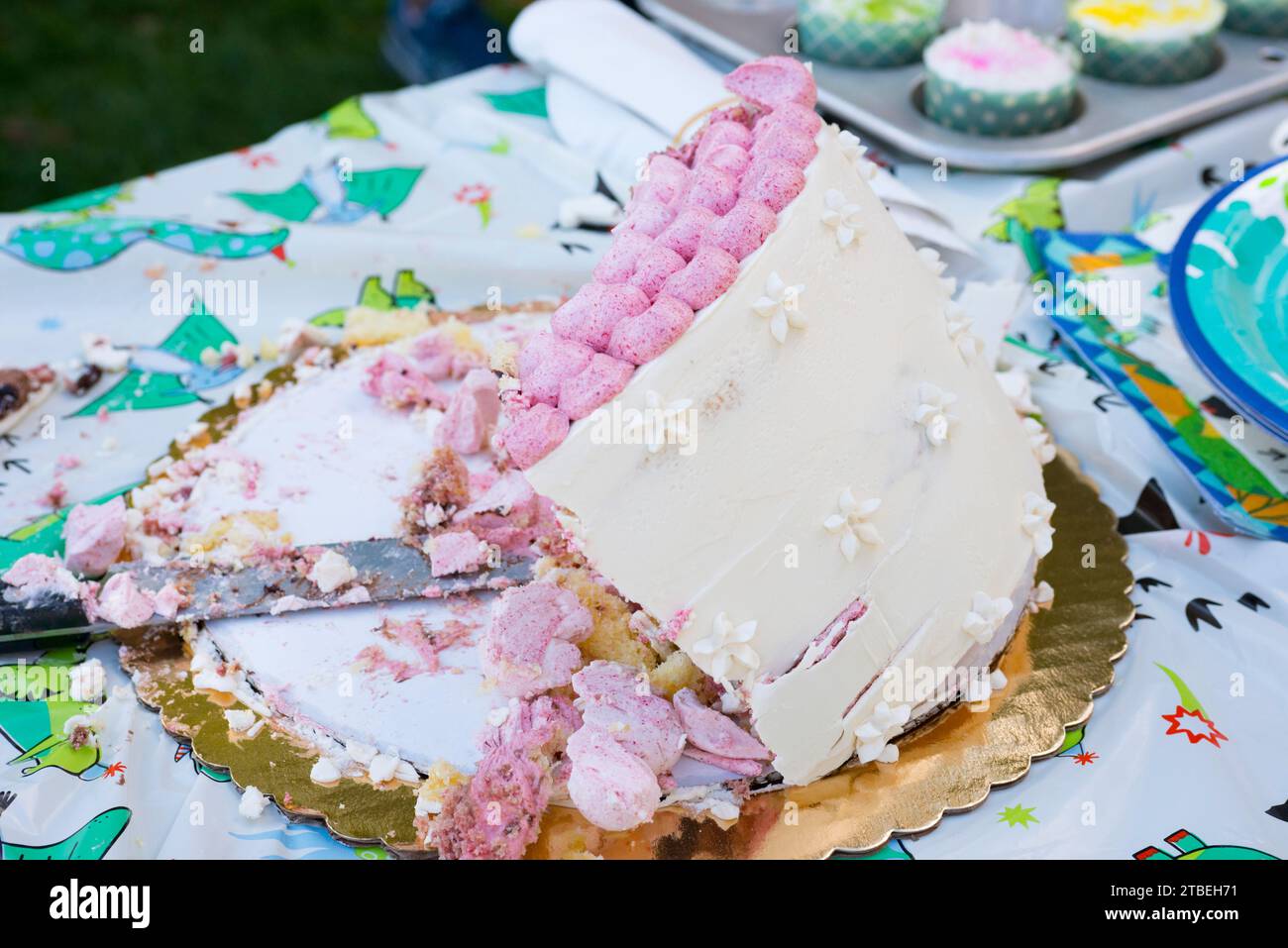 Partially-eaten vanilla birthday cake with raspberry decorations collapsing on gold foil doily with cupcakes in cupcake tin in right background Stock Photo