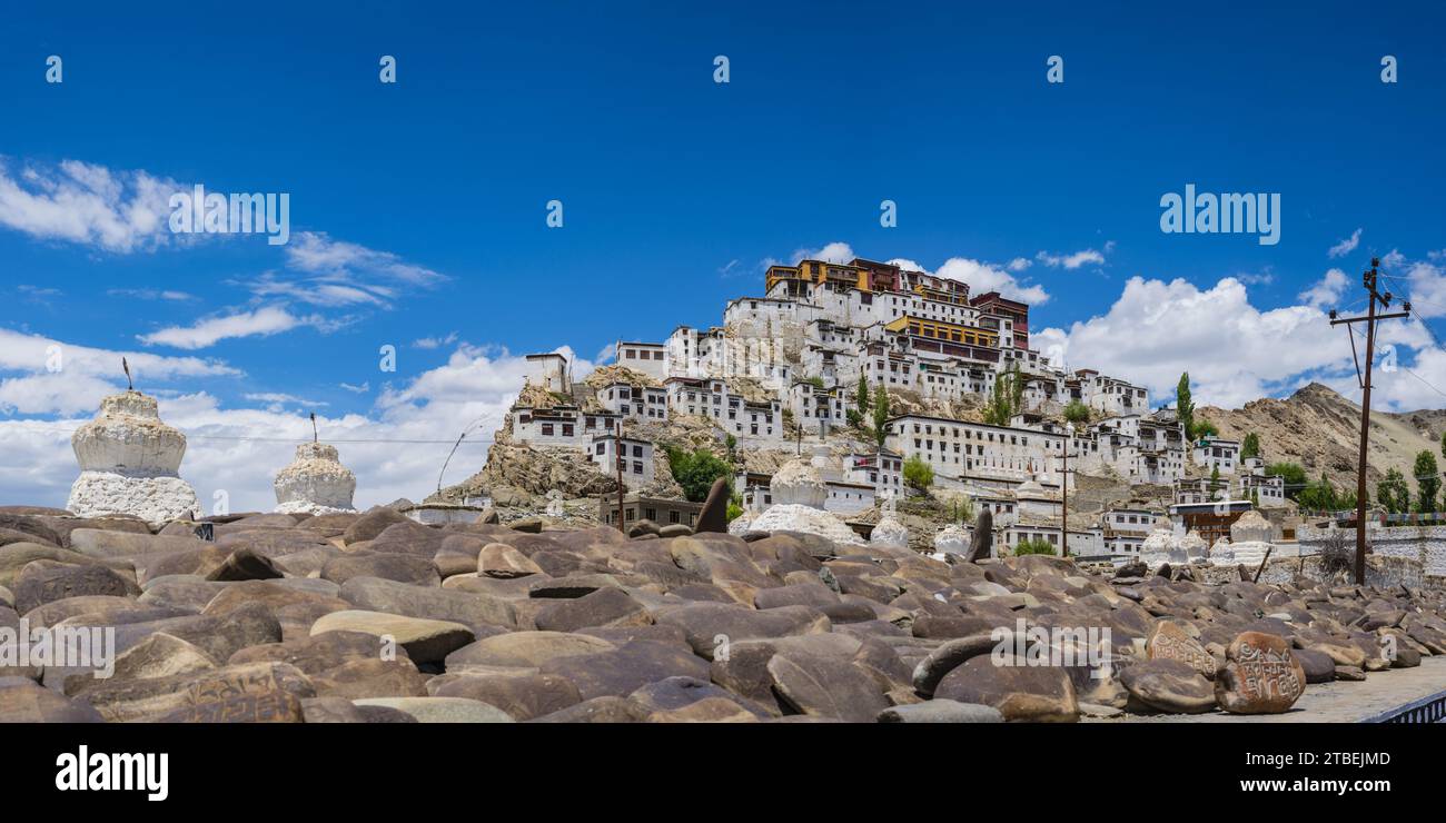 Mani wall in front of the Tikse Yellow Hat Monastery, Ladakh, Jammu and Kashmir, Indian Himalayas, India, Asia Stock Photo